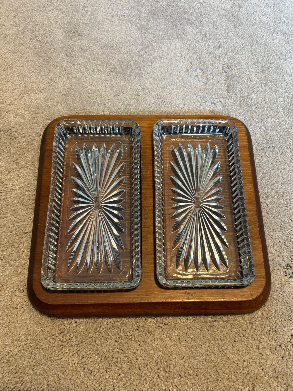Vintage Square Wooden Relish Veggie Tray w/ Two Starburst Glass Inserts